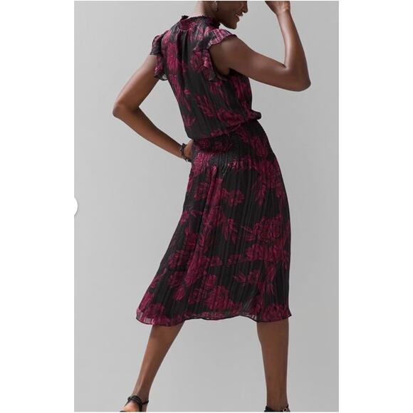 WHBM Sleeveless Smocked Waist Ruffle Midi Dress Womens XL Petite Black Red - Picture 2 of 14